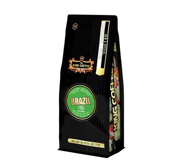 KING-COFFEE-Brazil-whole-bean-coffee-Bag-340g-VE.jpg Cà Phê Hạt Rang Brazil KING COFFEE - Túi 340g