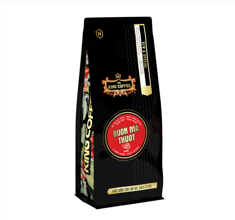 KING-COFFEE-Buon-Ma-Thuot-Blend-whole-bean-coffee-Bag-340g-VE.png Cà Phê Hạt Rang Buôn Ma Thuột KING COFFEE - Túi 340g